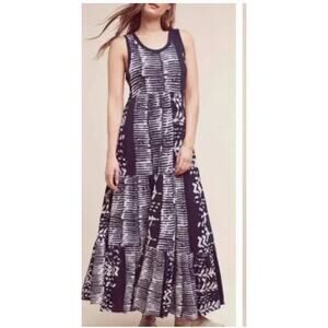 Anthropologie Holding Horses XS Blue White Batik Knit Tiered Maxi Dress Boho